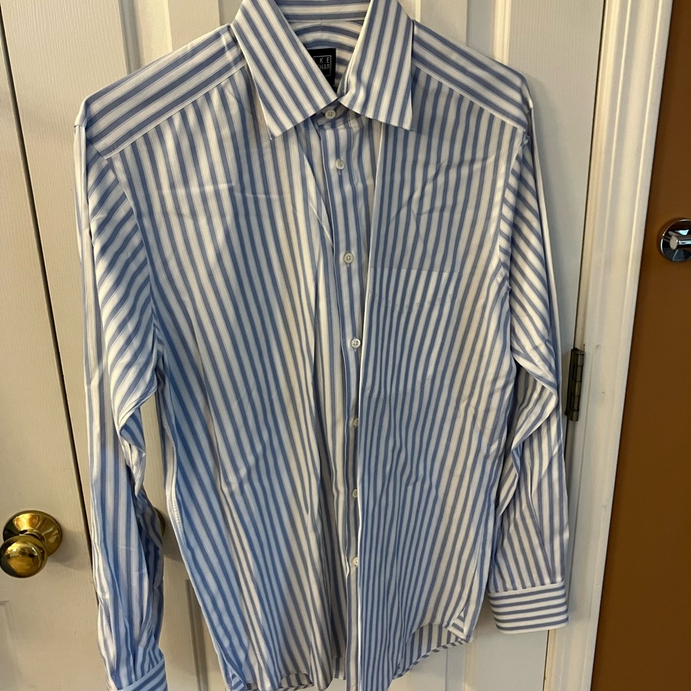 Ike Behr, Men’s 15 1/2 - 34/35, Blue White Stripe Dress Shirt